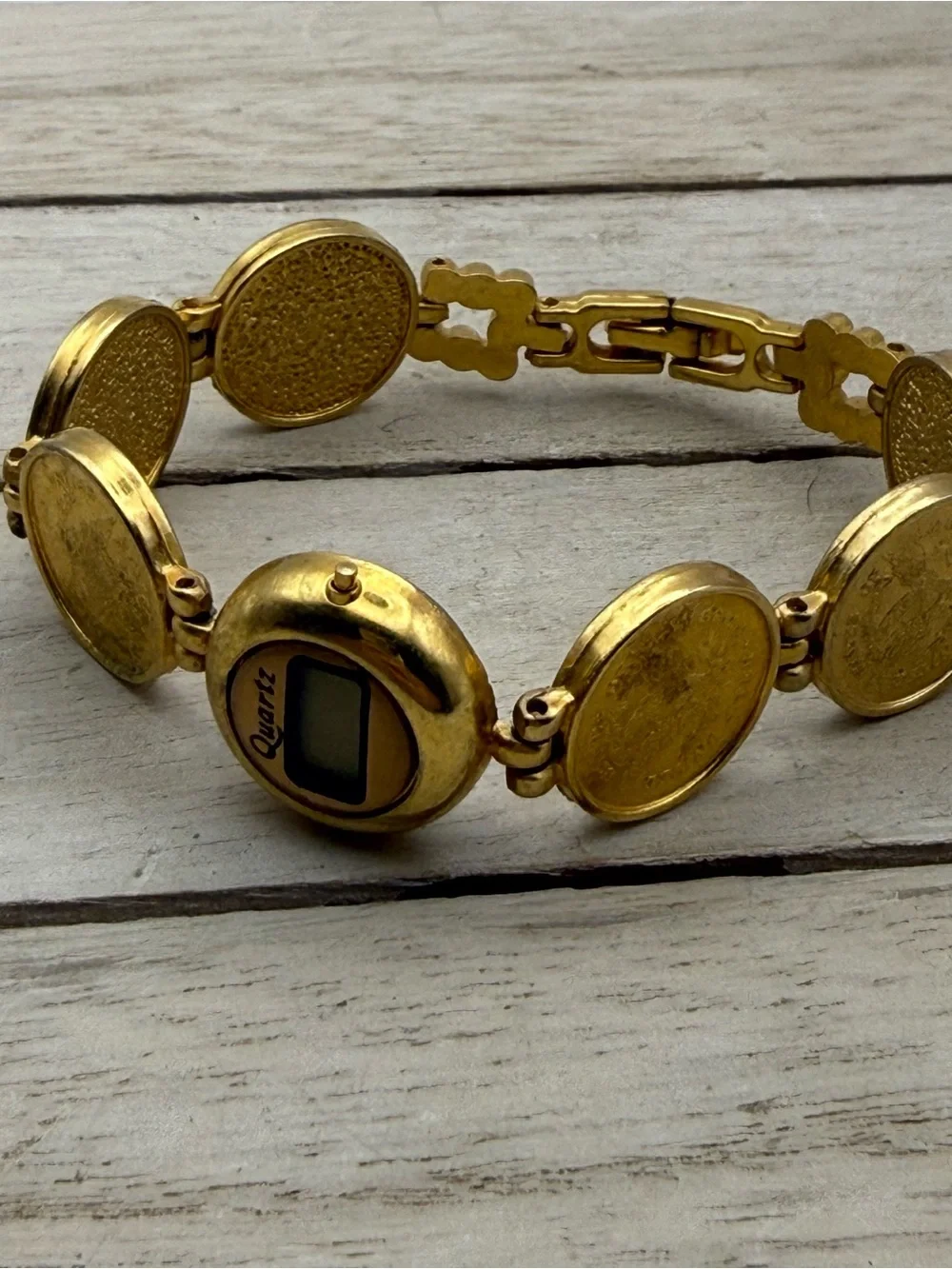 Gold Tone Coin-Link Quartz Digital Bracelet Watch